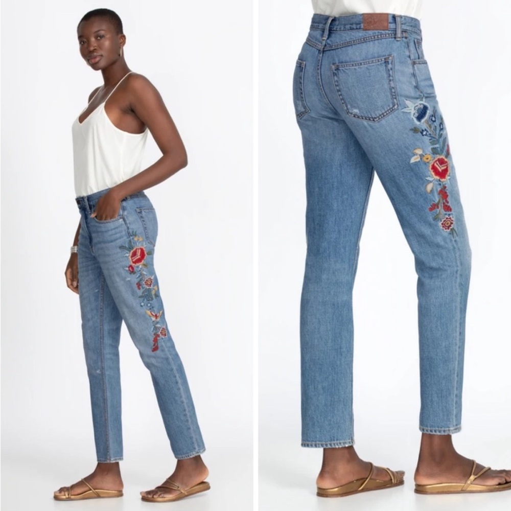Johnny Was Light Blue Straight Leg Jeans with Floral Embroidery